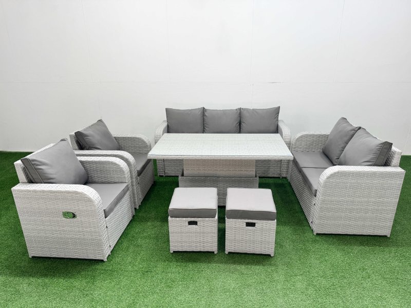 Fimous PE Rattan Garden Furniture Set Reclining Chair Sofa Double Love Seat 2 Seater Sofa Lounge Set Adjustable Lifting Dining or Coffee Table 2 Stools Light Grey