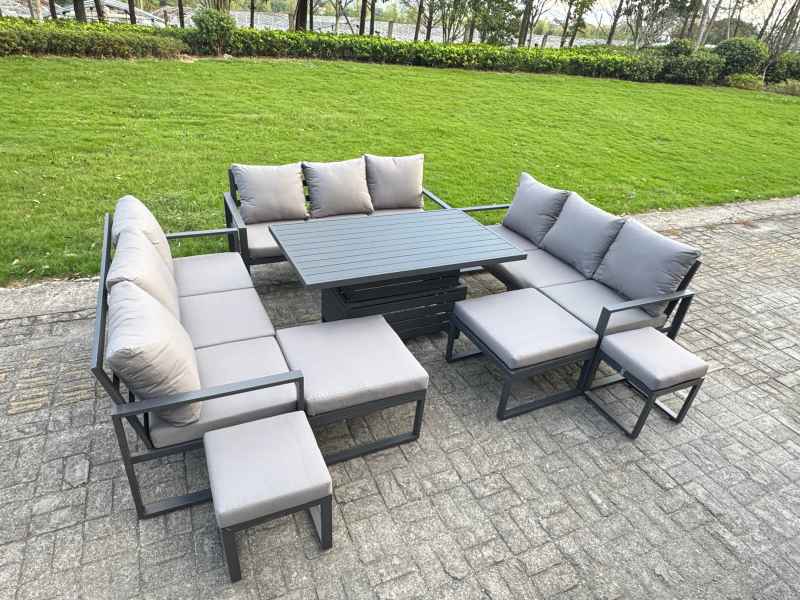 Fimous Aluminum Outdoor Patio Furniture Set Modern Patio Conversation Sets with Adjustable Rising Lifting Dining Table 3 Footstools 2 Side Tables Dark Grey