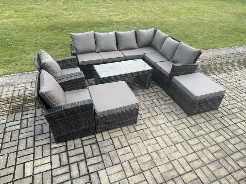 Fimous Rattan Corner Sofa Garden Furniture Set with 2 Big Footstool Rectangular Coffee Table 2 Armchairs with Cushion Dark Grey Mixed