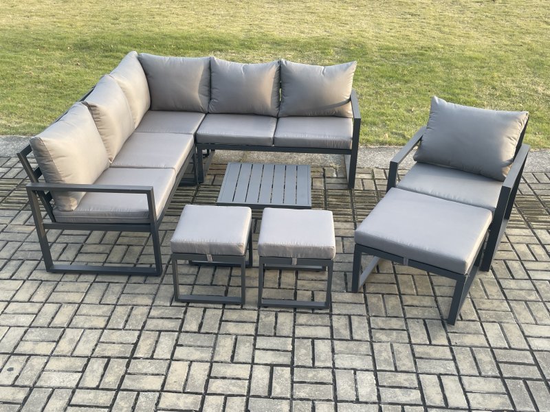 Fimous Outdoor Garden Furniture Set Aluminium Lounge Sofa Square Coffee Table Sets with Chair 3 Footstools Indoor Conservatory Set Dark Grey