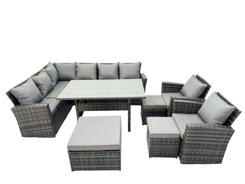 Fimous 11 Seat Rattan High Back Corner Sofa Set Patio Dining Table Set with 3 Stools 2 Chair Dark Grey Mixed