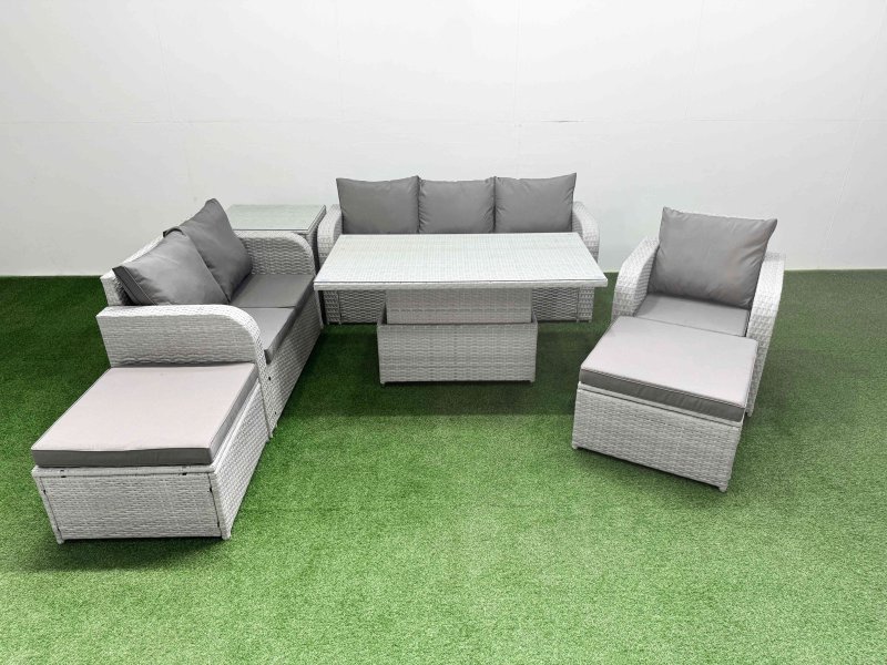 Fimous Patio PE Wicker 8 Seater Outdoor Rattan Furniture Sofa Sets with Adjustable Lifting Dining or Coffee Table Reclining Chair Loveseat Sofa 3 Seater Sofa 2 Big Footstools Side Table Light Grey