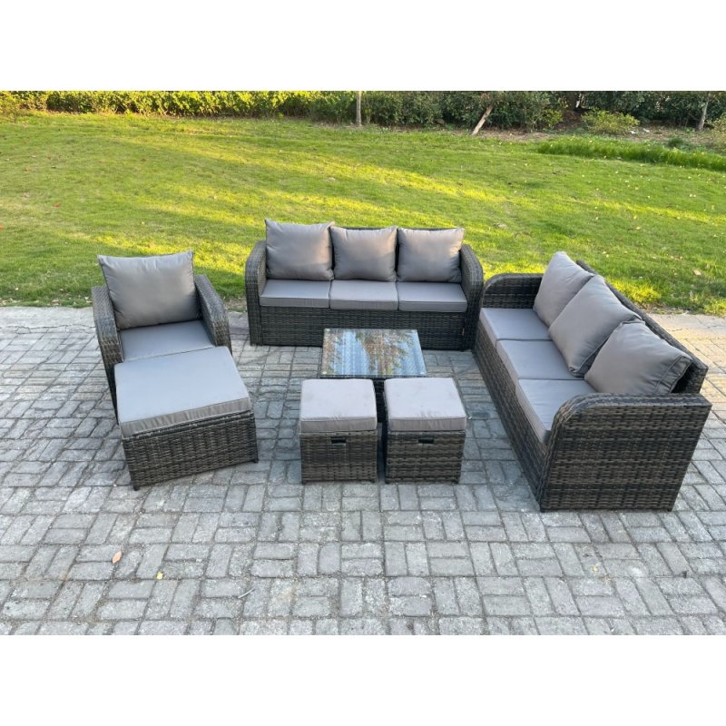 Fimous Outdoor Rattan Garden Furniture Set Conservatory Patio Sofa Coffee Table With Reclining Chair 3 Footstools Dark Grey Mixed