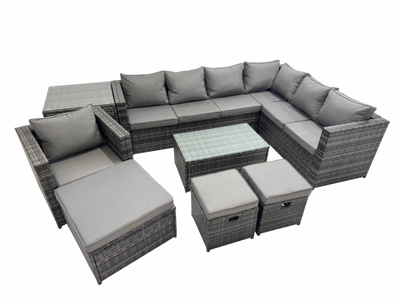 Fimous Patio Sofa Oblong Coffee Table Set Rattan Garden Furniture Set with 3 Stools Chair Side Table Dark Grey Mixed