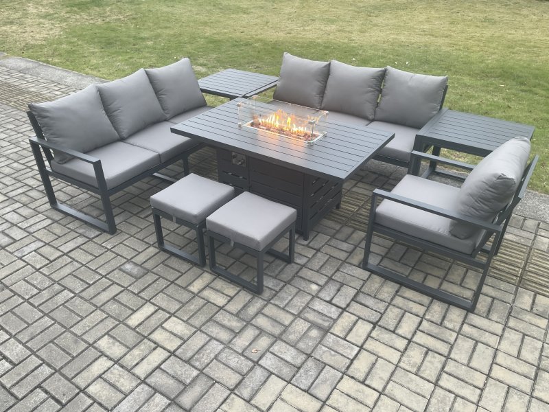 Fimous Aluminium 8 Pieces Garden Furniture Sofa Set with Cushions 9 Seater Gas Fire Pit Dining Table Set with 2 Side Tables 2 Small Footstools Dark Grey