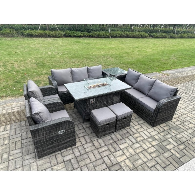 Fimous Wicker Rattan Garden Furniture Set Gas Fire Pit Dining Table Indoor Outdoor with Side Table Chair Loveseat Sofa 2 Footstools