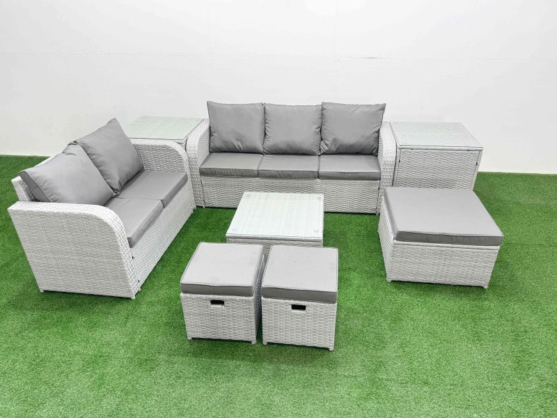 Fimous 8 Seater PE Rattan Wicker Garden Furniture Patio Conservatory Sofa Set with Square Coffee Table 3 Seater Sofa Love Sofa 3 Stool 2 Side Table