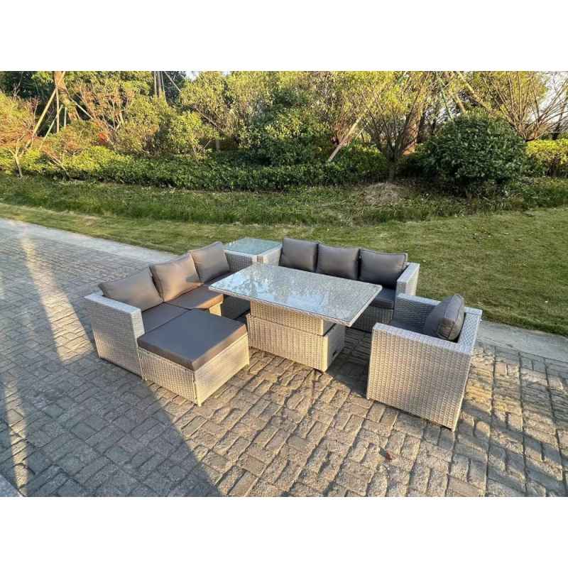 Fimous Rattan Garden Funiture Set Adjustable Rising Lifting Table Sofa Dining Set Side Coffee Tea Table Chair Footstool