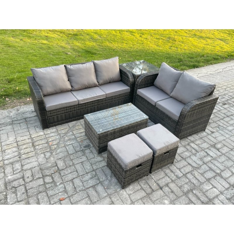 Fimous 7 Seater Rattan Wicker Garden Furniture Patio Conservatory Sofa Set with Rectangular Coffee Table 3 Seater Sofa Love Sofa 2 Small Footstools Side Table