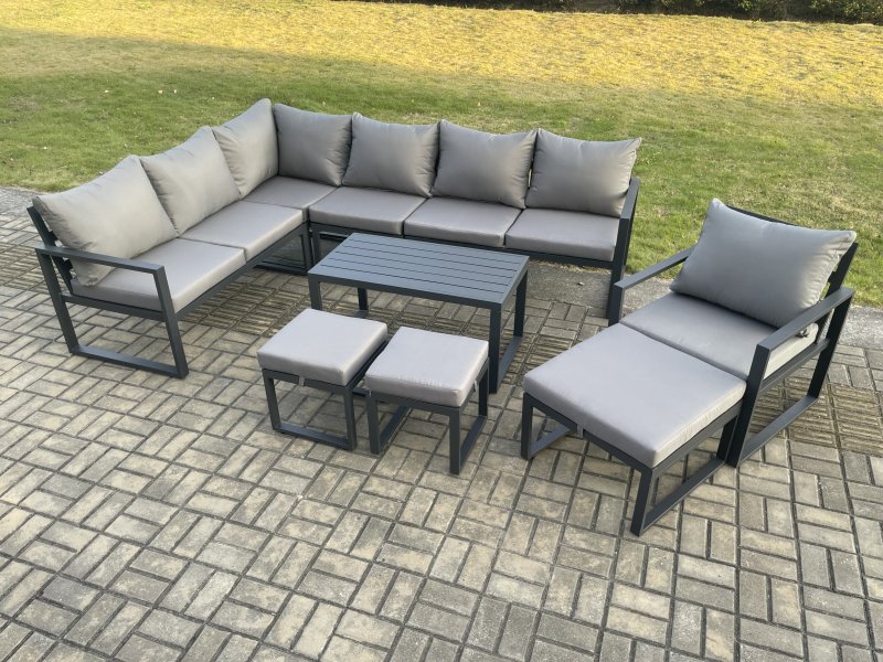 Fimous Aluminum 10 Seater Outdoor Lounge Corner Sofa Set Garden Furniture Sets with Oblong Coffee Table Chair 3 Footstools Dark Grey