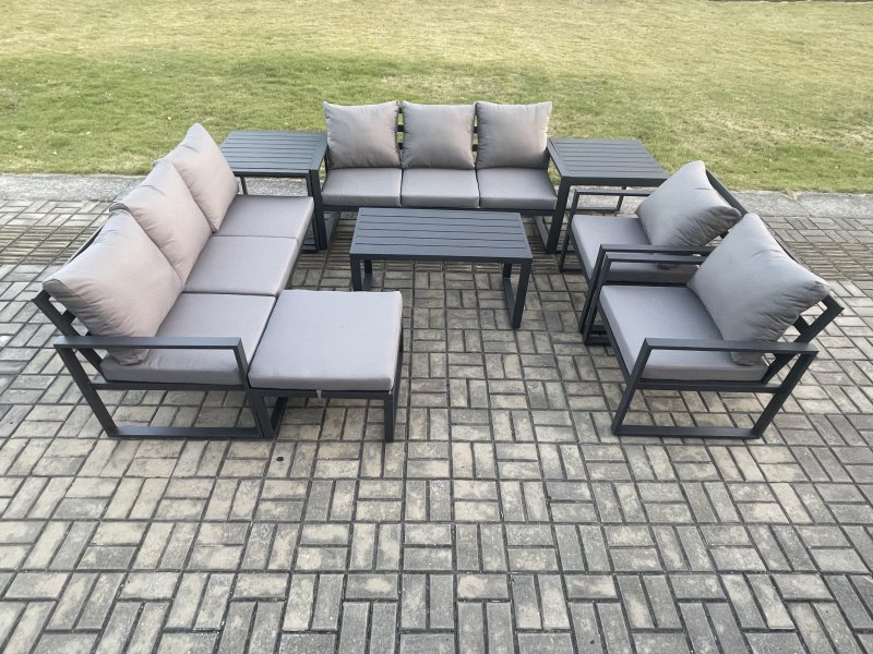 Fimous Aluminium Outdoor Garden Furniture Set 9 Seater Garden Sofa with Oblong Coffee Table Big Footstool 2 Side Tables Dark Grey
