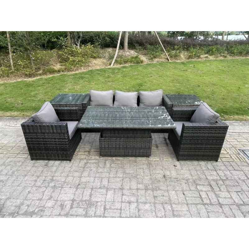Fimous Rattan Garden Furniture Sofa Set Outdoor Adjustable Rising Lifting Dining Table Set with 2 Armchairs 2 Side Tables Dark Grey Mixed