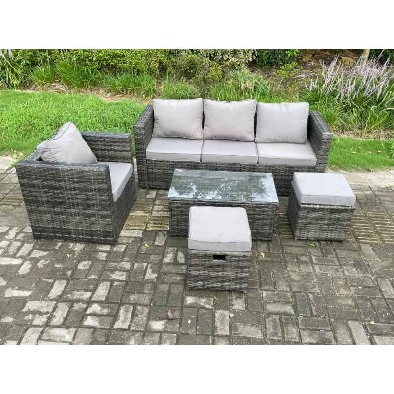 Fimous Rattan Garden Furniture Set with 3 Seater Sofa Coffee Table Armchair 2 Small Footstools Indoor Outdoor Patio Lounge Sofa Set Dark Grey Mixed