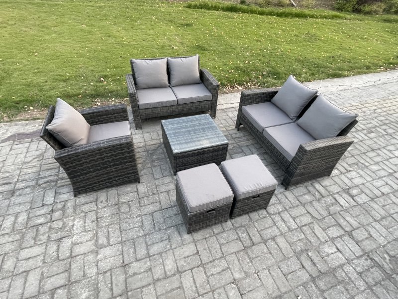 Fimous 7 Seater Outdoor Rattan Garden Furniture Set Conservatory Patio Sofa Coffee Table Set with Chair 2 Small Footstools Dark Grey Mixed