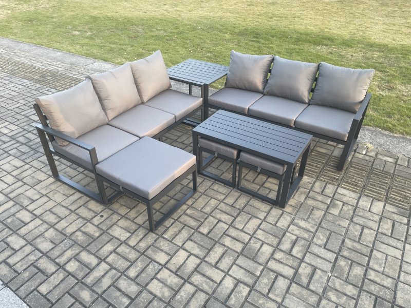Fimous Aluminium 9 Seater Garden Furniture Outdoor Patio Sofa Set with Rectangular Coffee Table 3 Footstools Side Table Dark Grey