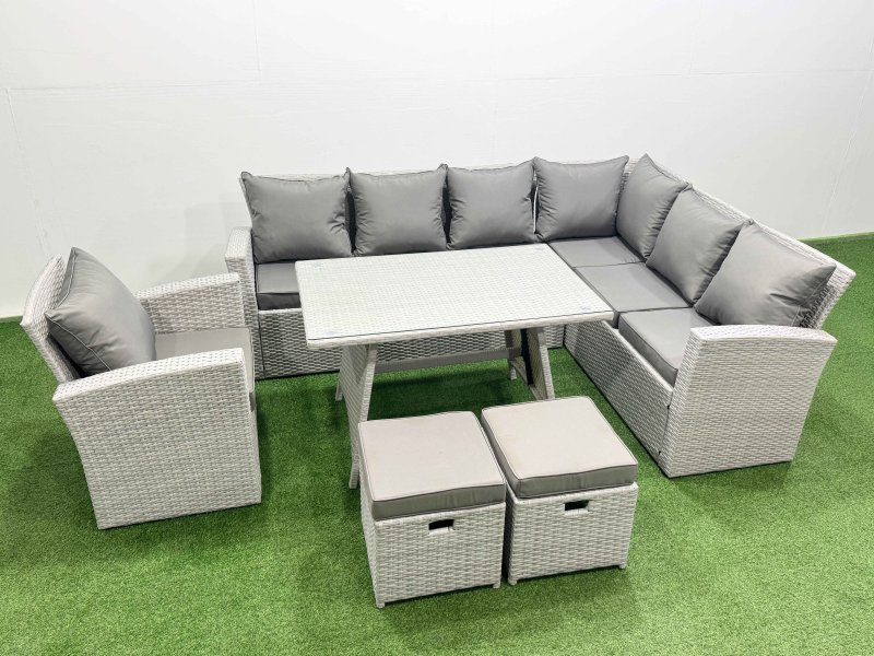Fimous 9 Seater Garden Outdoor Rattan Furniture Set Rattan Corner Sofa Oblong Dining Table with Armchair Light Grey Mixed