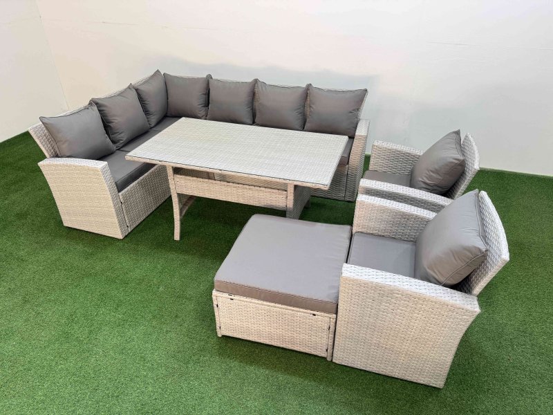 Fimous 9 Seater Rattan Garden Furniture Set Outdoor Patio Dining Corner Sofa Sets with Dining Table 2 Chairs Big Footstool Light Grey Mixed