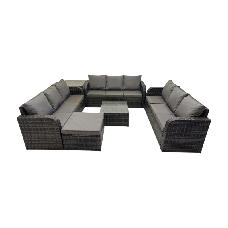 Fimous Rattan Garden Outdoor Furniture Set 3 Seater Sofa Square Coffee Table Set with Big Stool Side Table Dark Grey Mixed