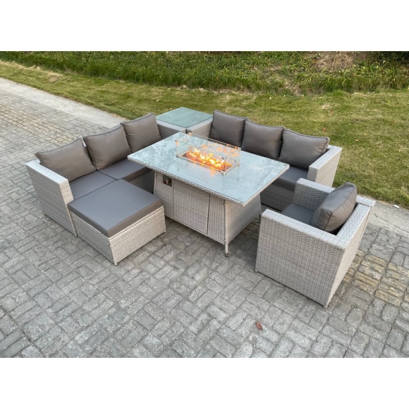 Fimous Light Grey Rattan Fire Pit Garden Furniture Set Gas Heater Burner Lounge Sofa With Side Coffee Table Big Footstool Chair