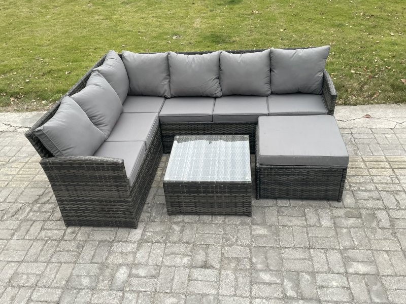Fimous 7 Seater Outdoor Garden Furniture Set Wicker PE Rattan Corner Sofa Set with Square Coffee Table Big Footstool Dark Grey Mixed