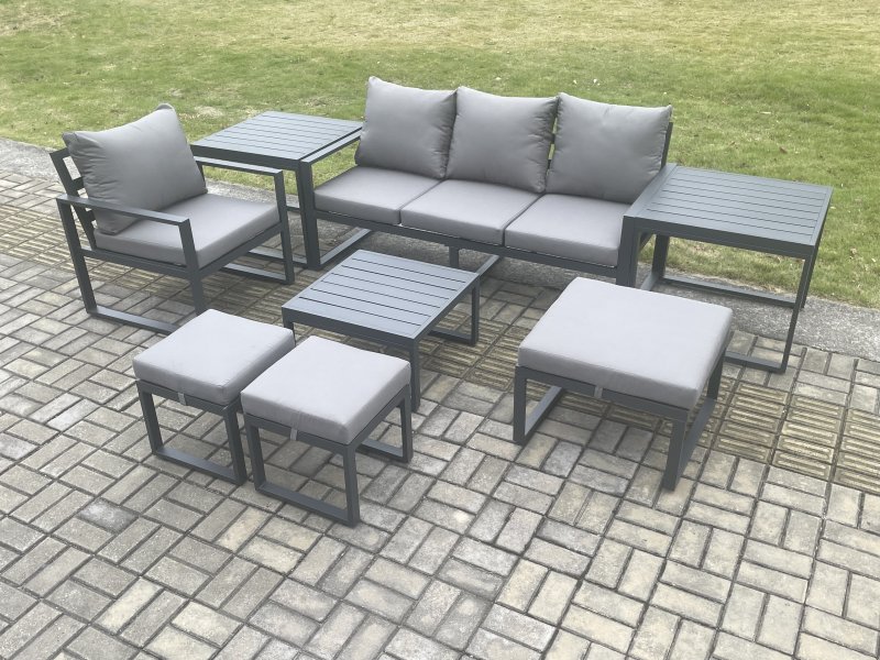 Fimous Aluminium Outdoor Garden Furniture Set Lounge Sofa Chair Square Coffee Table Sets with 2 Side Tables 3 Footstools Conservatory Set Dark Grey 7 Seater