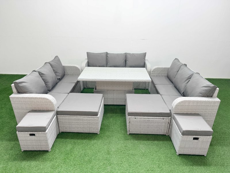 Fimous 8 Pieces Garden Rising Dining Table High Back Inclining Sofa Set 2 Big Footstool 2 Small Stool Light Grey