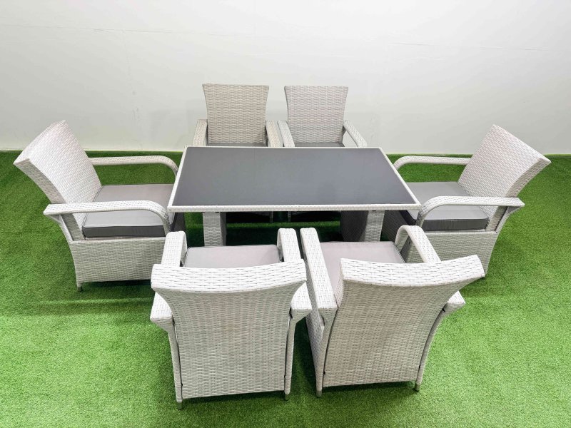 Fimous Wicker PE Rattan Garden Furniture Set Patio Outdoor 6 Chairs Plus Rectangular Dining Table Set Light Grey Mixed