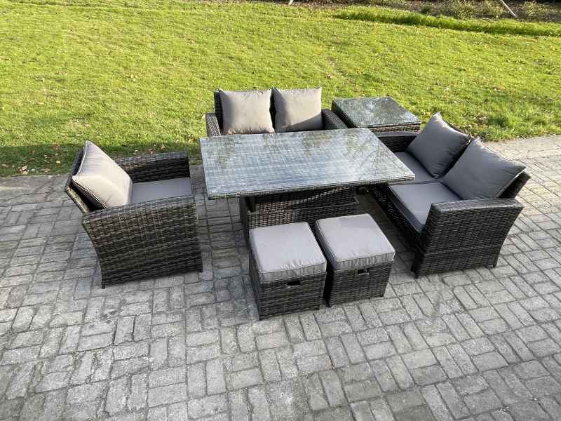 Fimous 7pcs Rattan Outdoor Garden Furniture Set Height Adjustable Rising Lifting Table Sofa Dining Set with Side Table 2 Small Footstools Dark Grey Mixed