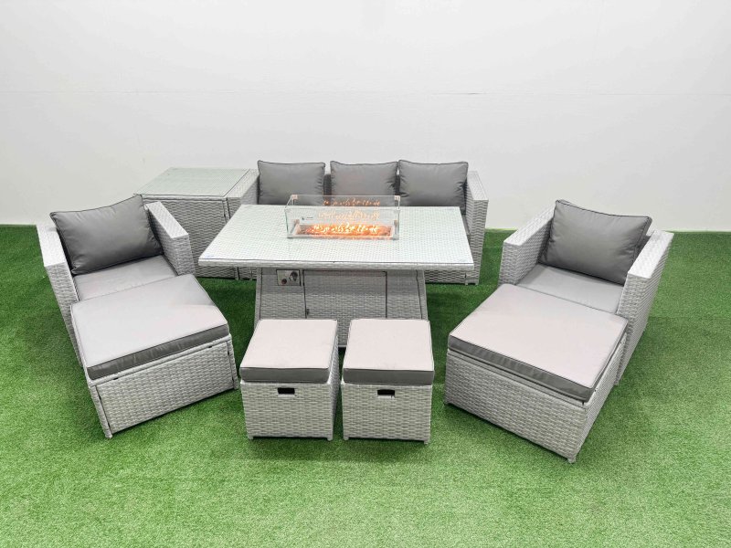 Fimous 9 Seat PE Rattan Lounge Sofa Set Outdoor Garden Furniture Set with Firepit Dining Table 3 Seater Sofa 4 Footstools Side Table Light Grey