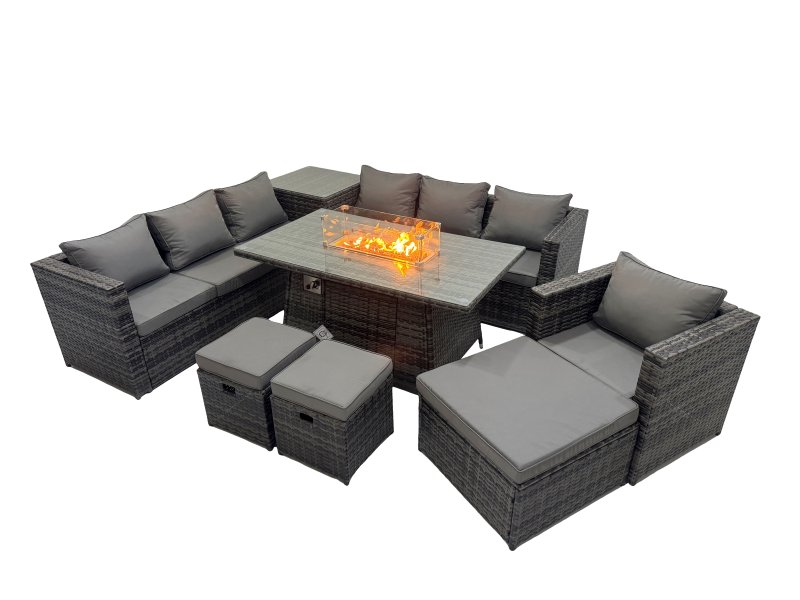 Fimous 10 Seater Garden Outdoor Rattan Furniture Set Patio Corner Sofa Gas Firepit Dining Table with Side Table 3 Stools Dark Grey