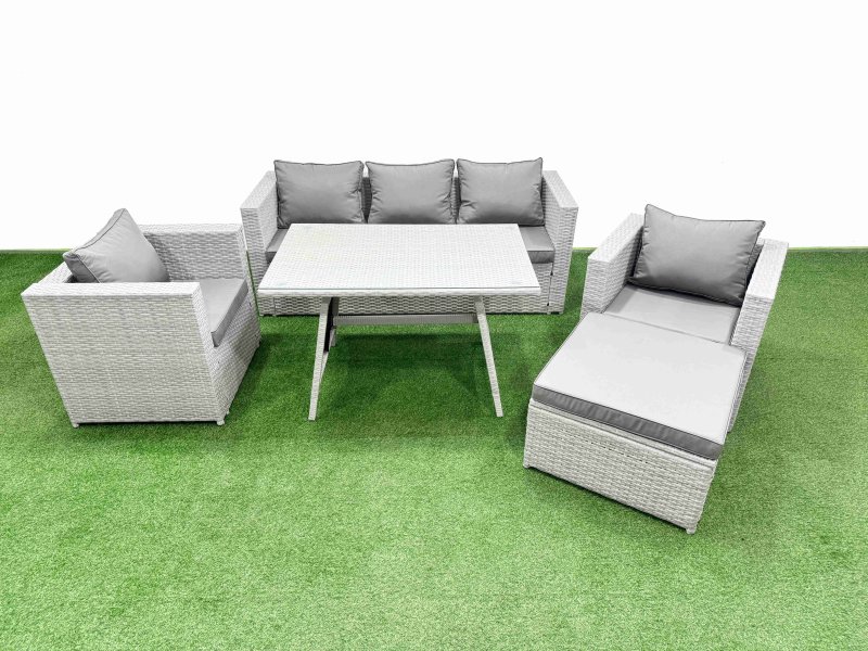 Fimous 6 Pieces Outdoor PE Rattan Sofa Armchair Set Patio Garden Furniture Sets with Cushions Big Stool Light Grey
