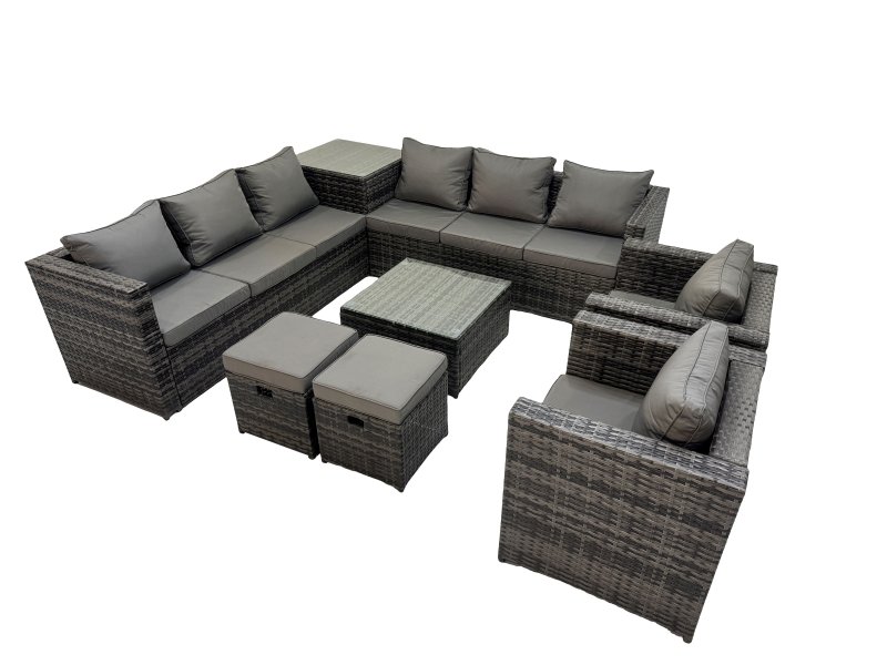 Fimous Garden Rattan Outdoor Furniture Set 10 Seater Patio Corner Sofa Coffee Table with 2 Small Stool Side Table Dark Grey