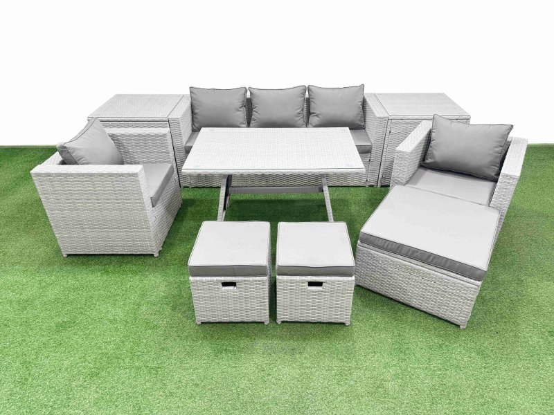 Fimous 10 Pieces Outdoor PE Rattan Sofa Armchair Set Patio Garden Furniture Sets with Cushions 2 Side Tables 3 Stools Light Grey