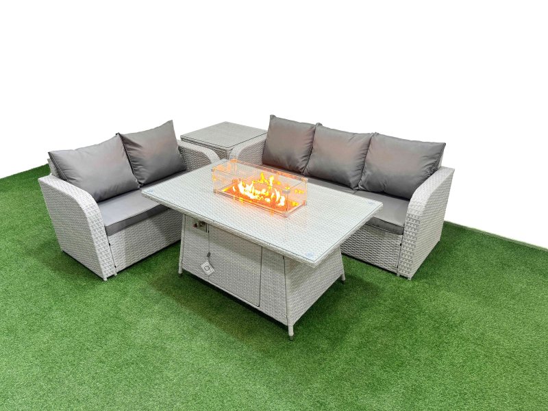 Fimous 5 Seater PE Rattan Wicker Garden Furniture Patio Conservatory Sofa Set with Firepit Dining Table 3 Seater Sofa Love Sofa Side Table