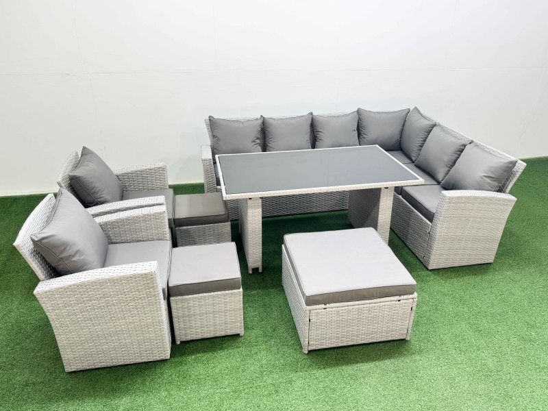 Fimous Outdoor Garden Furniture Sets 11 Seater Wicker Rattan Corner Sofa Sets with Rectangular Dining Table Lounge Sofa 3 Footstools Light Grey
