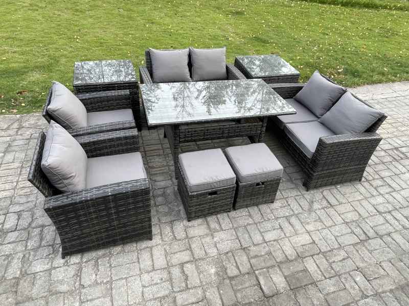 Fimous Garden Furniture Sets 9 Pieces Rattan Furniture Handmade Wicker Patio Sofa Set with 2 Small Footstools 2 Side Tables Dark Grey Mixed
