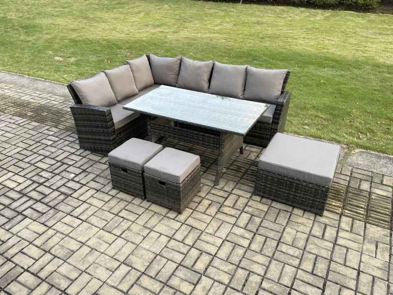Fimous 9 Seater Garden Rattan Furniture Corner Dining Set with 3 Footstools Indoor Outdoor Lounge Sofa Set Dark Grey Mixed