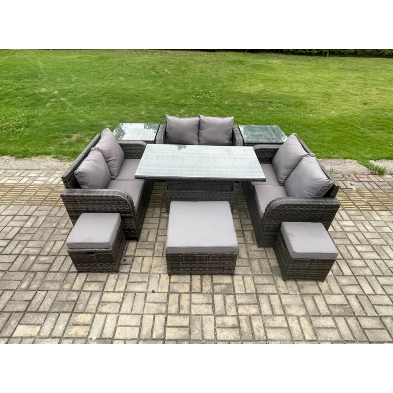 Fimous Rattan Garden Outdoor Furniture 3 PC Love Sofa Set Adjustable Rising lifting Dining Table With 2 Side Tables 3 Footstools