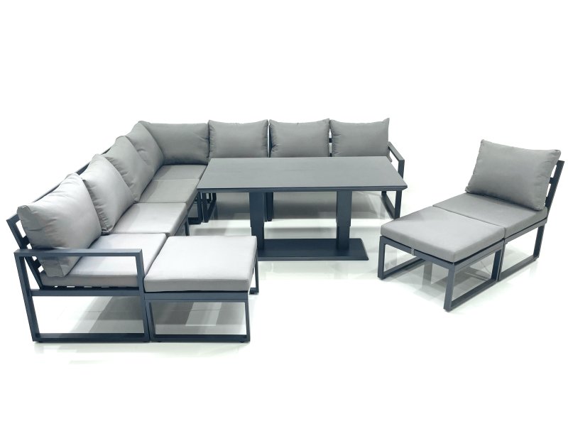Fimous 10 Seater Outdoor Aluminum Garden Furniture Set Corner Sofa 2 Big Footstools Rising Lifting Dining Table Sets Dark Grey