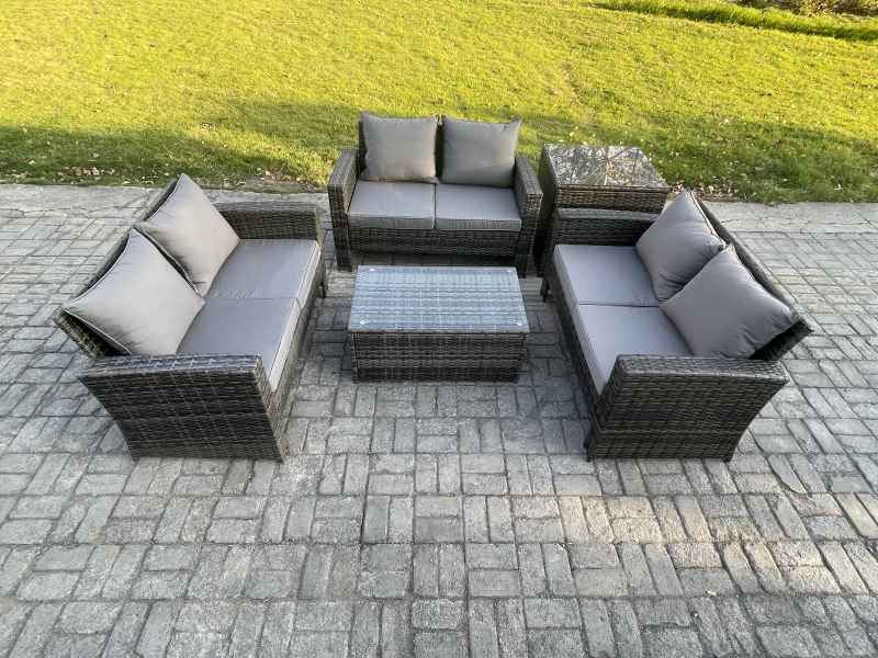 Fimous Dark Grey 6 Seater Outdoor Rattan Garden Furniture Set Patio Love Sofa Rectangular Coffee Table Set with Side Table