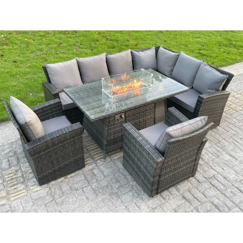 Fimous High Back Rattan Corne r Sofa Set Garden Furniture Sofa Gas Fire Pit Dining Table Gas Heater With 2 Arm Chair 8 Seater