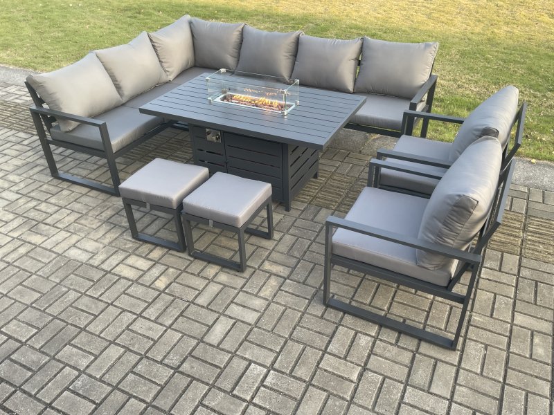 Fimous Aluminium Patio Outdoor Garden Furniture Corner Sofa Set Gas Fire Pit Dining Table with 2 Chairs 2 Small Footstools Dark Grey