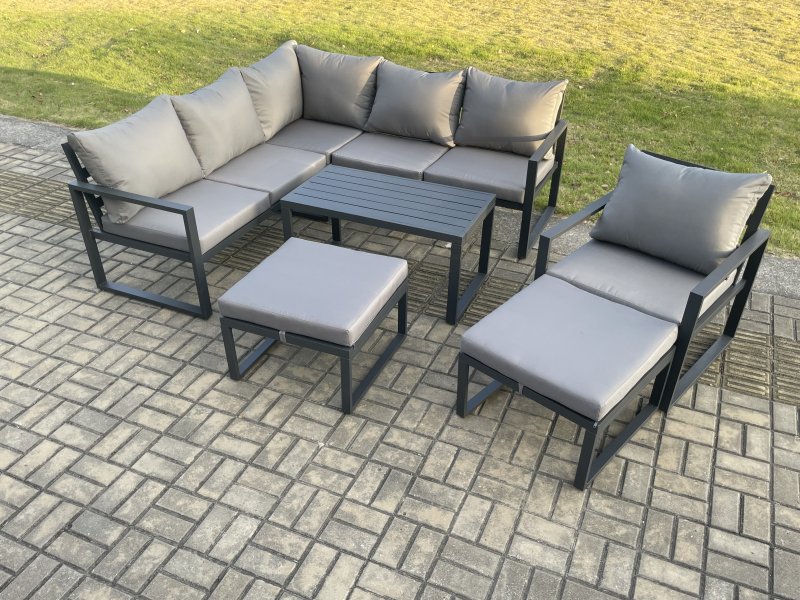 Fimous Aluminium Outdoor Garden Furniture Set Lounge Sofa Oblong Coffee Table Sets with Chair 2 Big Footstools Indoor Conservatory Set Dark Grey