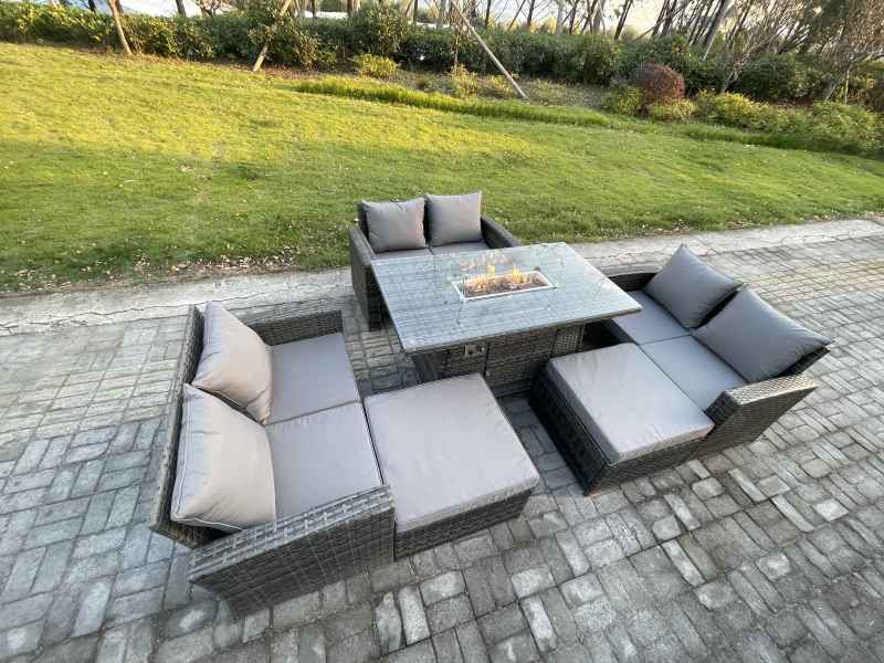 Fimous Rattan Garden Furniture Set Outdoor Lounge Sofa Chair Gas Fire Pit Dining Table Set With 2 Big Footstool Double Seat Sofa Armchiar