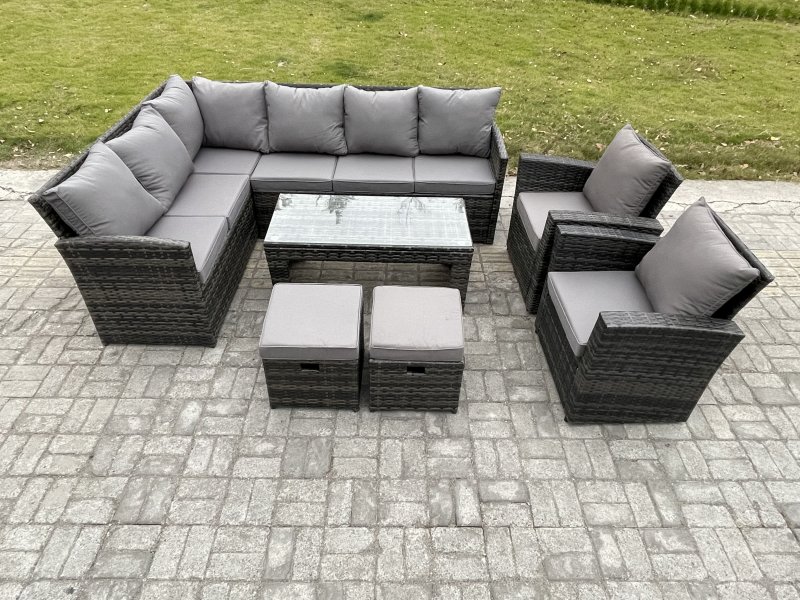 Fimous Rattan Garden Furniture Sets High Back Corner Sofa Oblong Coffee Table Set with 2 Small Footstool 2 Armchairs Dark Grey Mixed