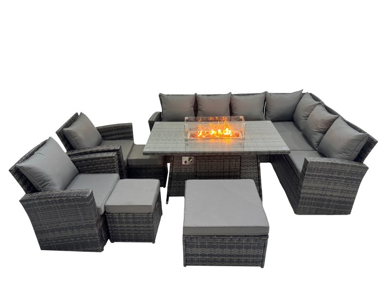 Fimous Outdoor Furniture Garden Dining Set Rattan Corner Sofa Chair Set Gas Fire Pit Table with Temper Glass 3 Footstools Dark Grey Mixed