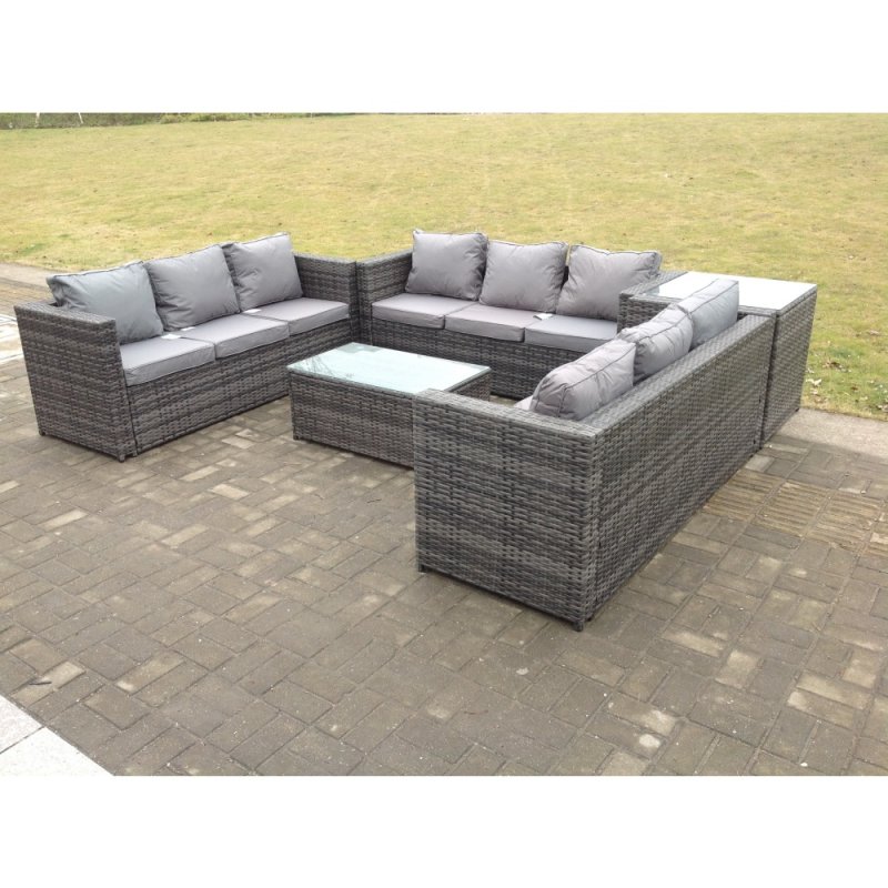 Fimous Outdoor Rattan Garden Furniture Lounge Sofa Set With Oblong Coffee Table And Side Tall High Table