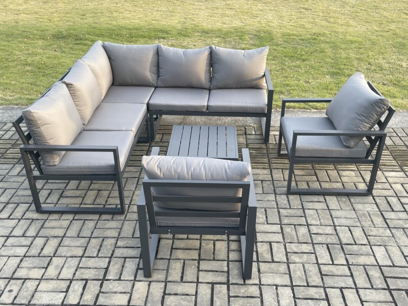Fimous Outdoor Garden Furniture Set Aluminium Lounge Sofa Square Coffee Table Sets with 2 Pcs Chair Indoor Conservatory Set Dark Grey