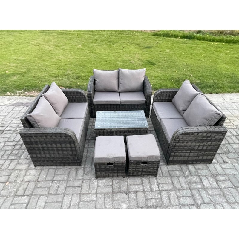 Fimous Outdoor Garden Furniture Sets 8 Seater Wicker Rattan Furniture Sofa Sets with Rectangular Coffee Table Love Sofa 2 Small Footstools Dark Grey Mixed