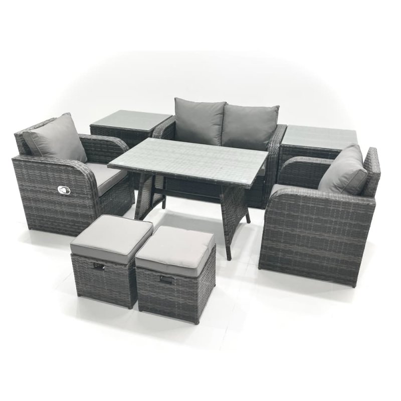 Fimous Outdoor Garden Furniture Set Rattan Sofa Dining Table Set with Reclining Chair 2 Small Footstool 2 Side Table Dark Grey Mixed